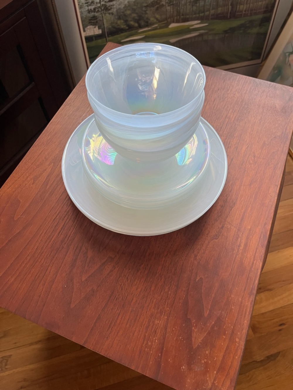 Artistic Accents Irridecent 12 piece/4 place settings set 11”, 8.5”, 6” bowl - Picture 3 of 9